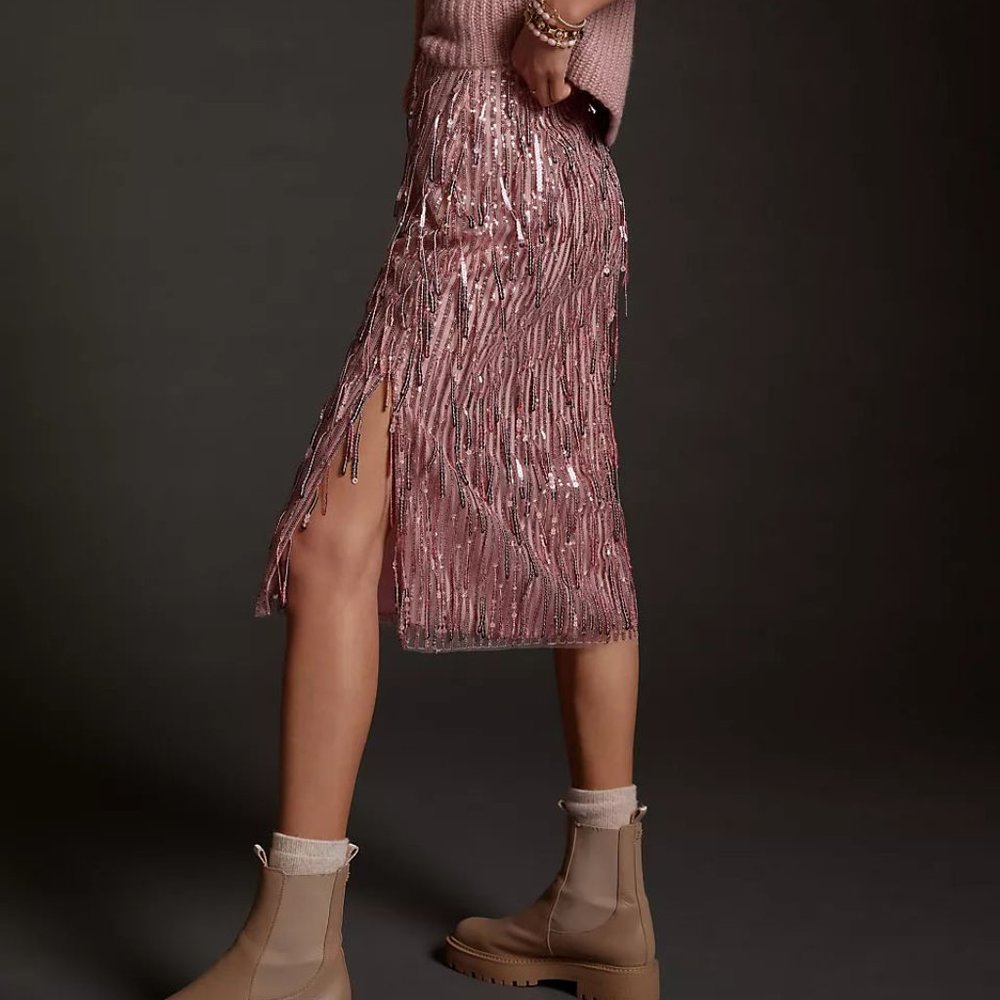 EUC like NEW Anthropologie Maeve Fringed Sequined Midi Skirt